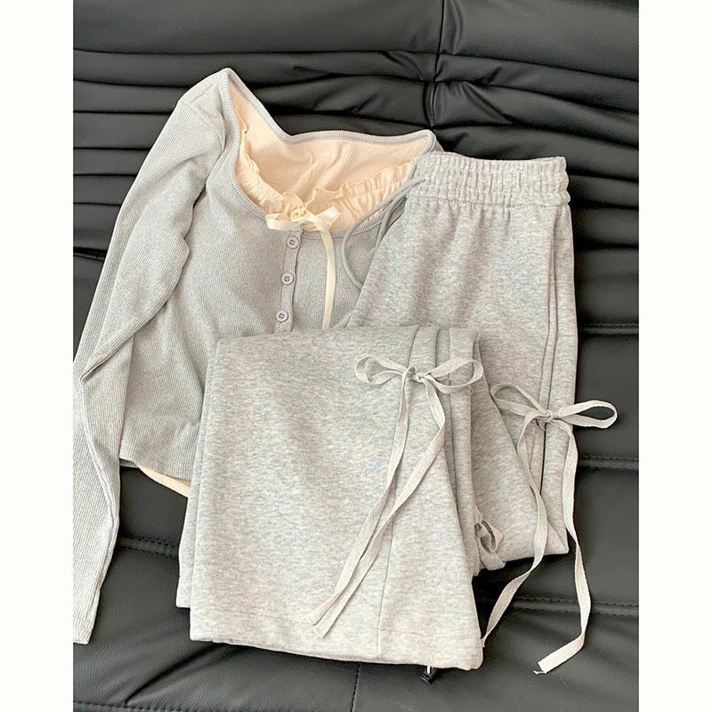 Traje de dos piezas para mujer, Top informal gris con diseño de lazo, pantalones de pierna ancha ajustados de cintura alta, Primavera, 2024
