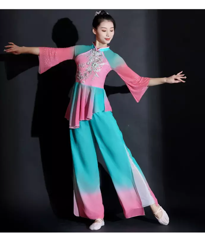 ชุดเต้นรำจีนคลาสสิกใหม่ฤดูใบไม้ผลิและฤดูร้อนเสื้อผ้าสำหรับการแสดงชุดฝึกเต้นของผู้หญิง