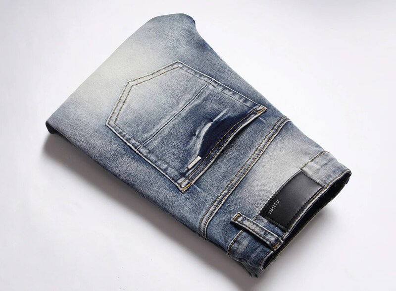 Pé fino elástico high-end masculino jeans rasgado, calça comprida, marca de moda AM, outono e inverno, novo