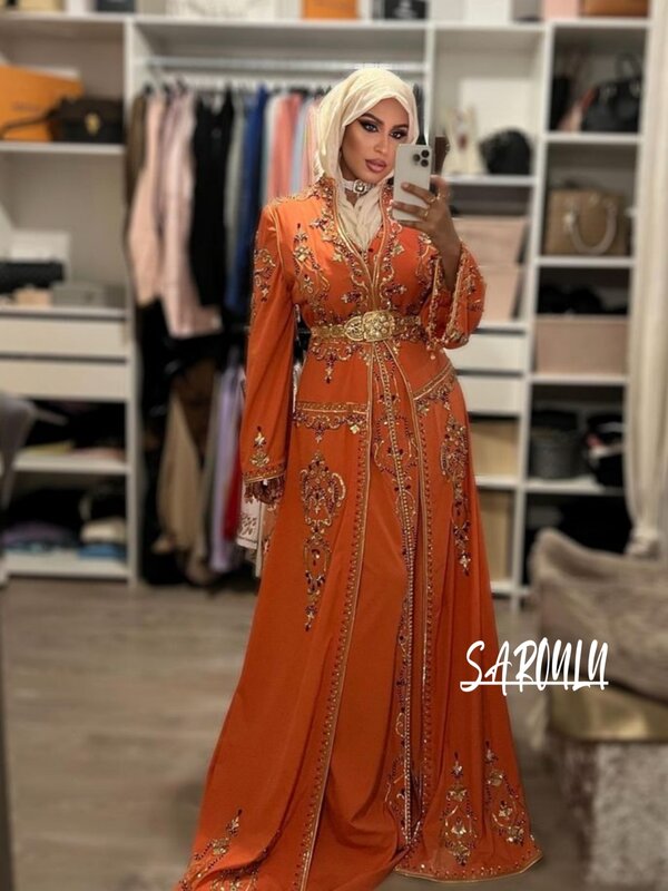 Marroquino frisado apliques vestidos de noite, Luxo lantejoulas manga comprida vestido de noiva, muçulmano, marroquino A-line vestido