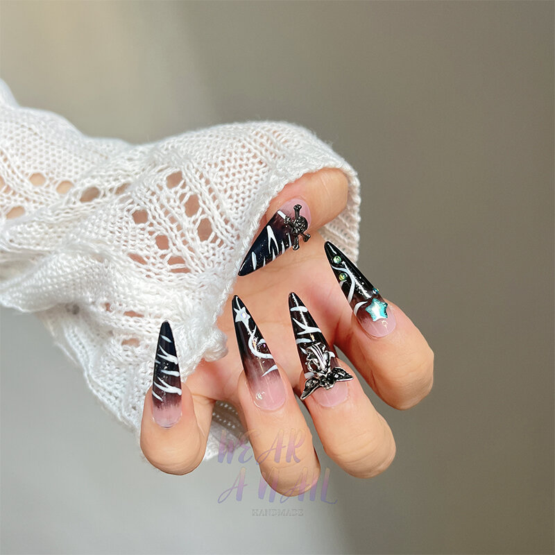 10 szt. Ręcznie robione paznokcie czarne luksusowe słodkie sztuczne paznokcie y2k wielokrotnego użytku paznokieć z pełnym pokryciem porady artystyczne dla fajnych dziewczyn