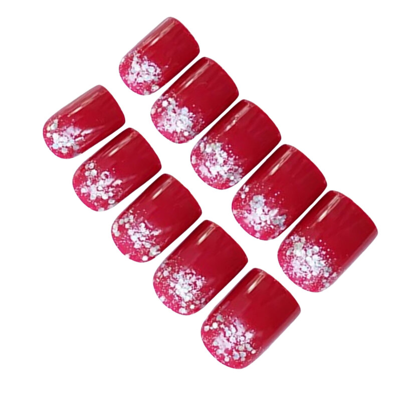 Red with Glitter Setting Short Fake Nails Sweet & Charming Reusable False Nails for Professional Nail Art Salon Supply