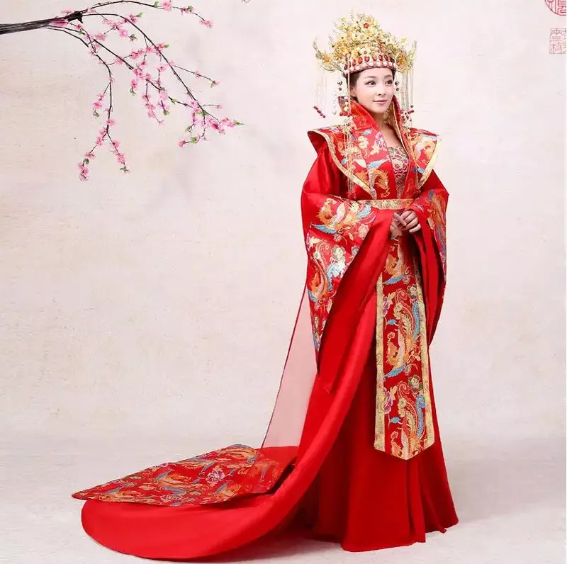 Emperor Queen Performance Costume China Hanfu Wedding Gown Robe Ancient Bride Marriage Dress Red Golden Couple Marriage Clothing