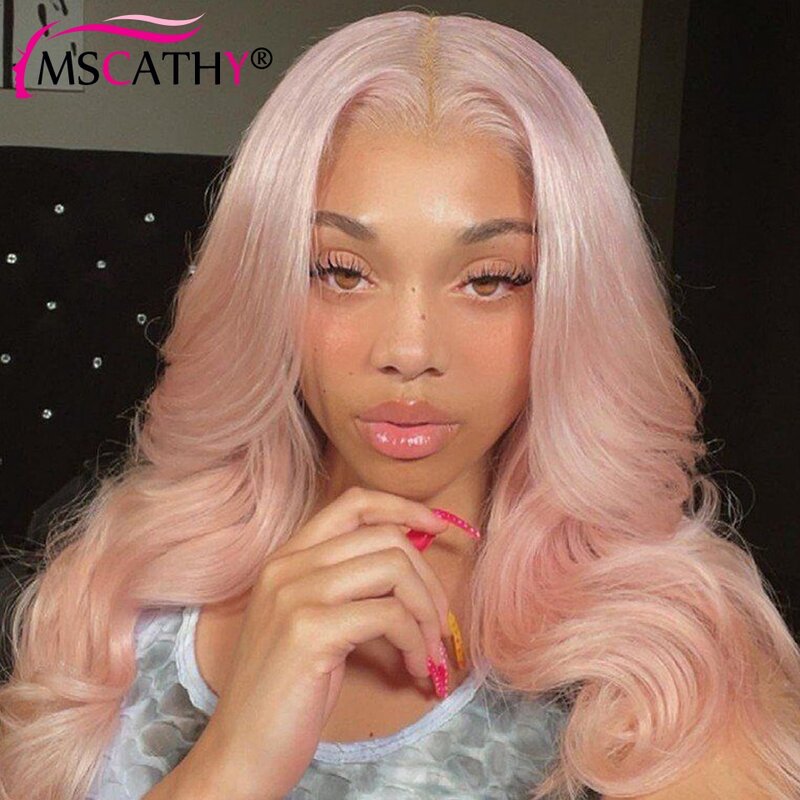13X4 Braziliaanse Maagdelijke Human Hair Hd Transparant Lace Frontale Pruik Pretokkel Licht Roze Gekleurd Losse Body Wave Pruiken Voor Vrouwen