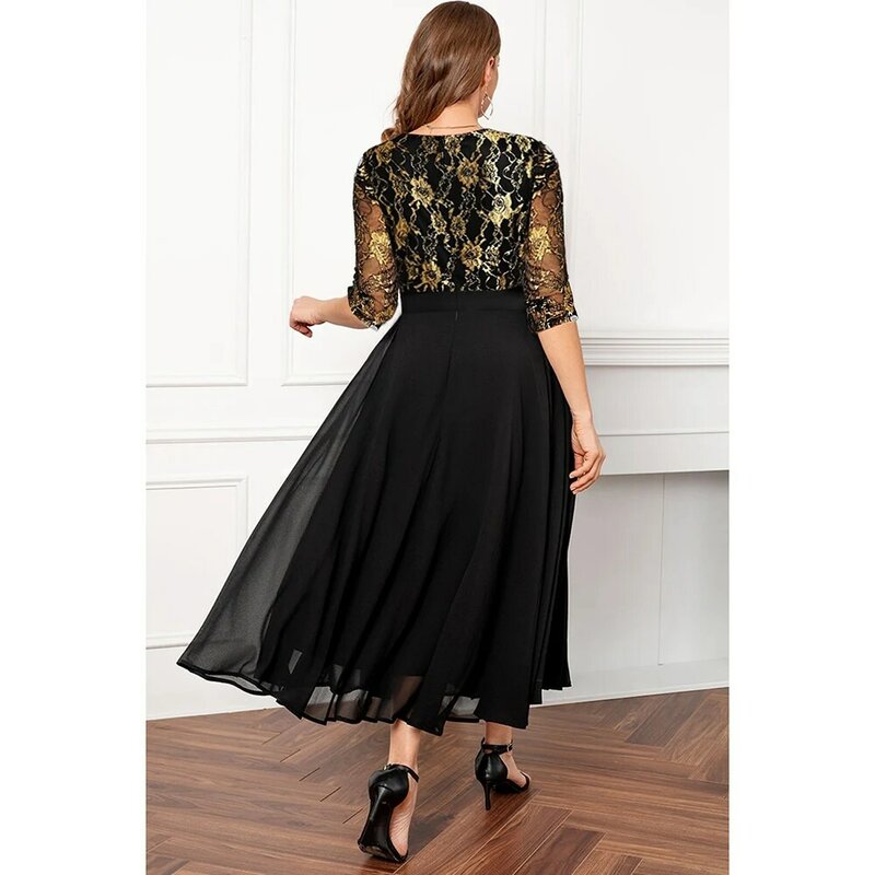 Dress ukuran besar teh tunik leher V, gaun hitam Formal jahitan renda cetakan perunggu
