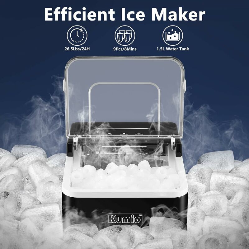 KUMIO-Máquina de gelo portátil auto-limpante, Ice Maker bancada, 9 Bullet, Fast Ice Making em 6 Mins-8 Mins, 26.5 lbs in 24 Hours