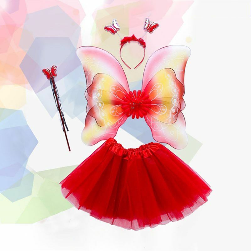 Girls Rainbow Fairy Wing Wand Skirt Headband for Birthday Party Set Costume