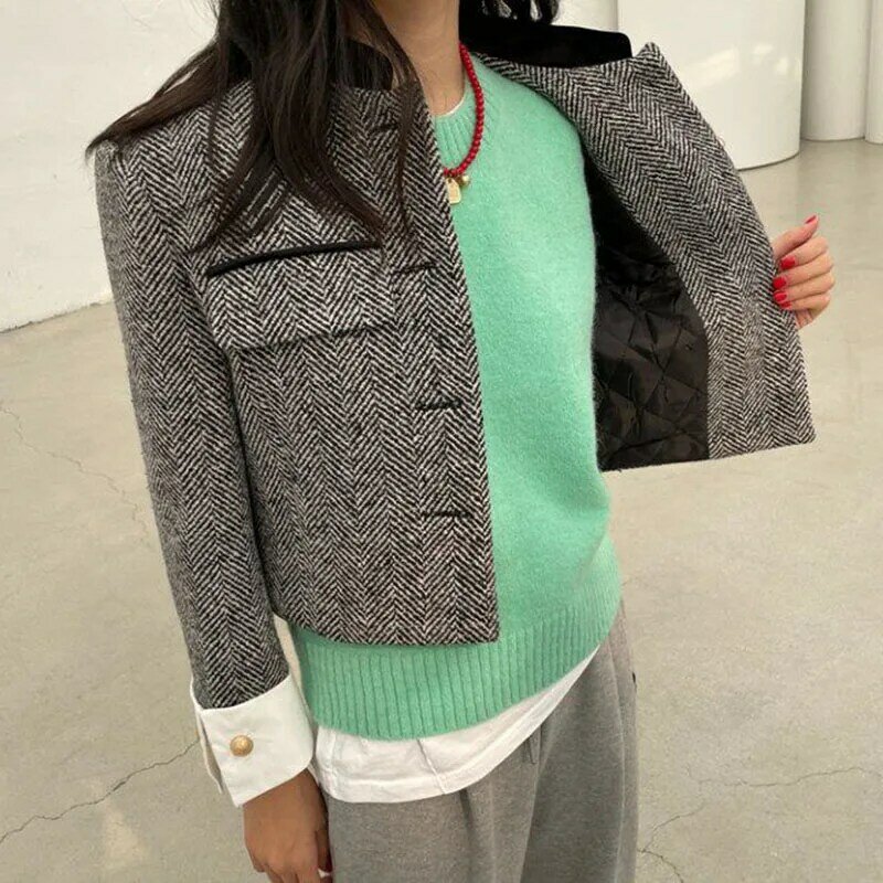 Hdspq Metall Taste Plaid Mäntel für Frauen 2023 Frühling Koreanischen Stil Dünne Gestellte Jacke Frau Taschen Langarm Jacken Weibliche