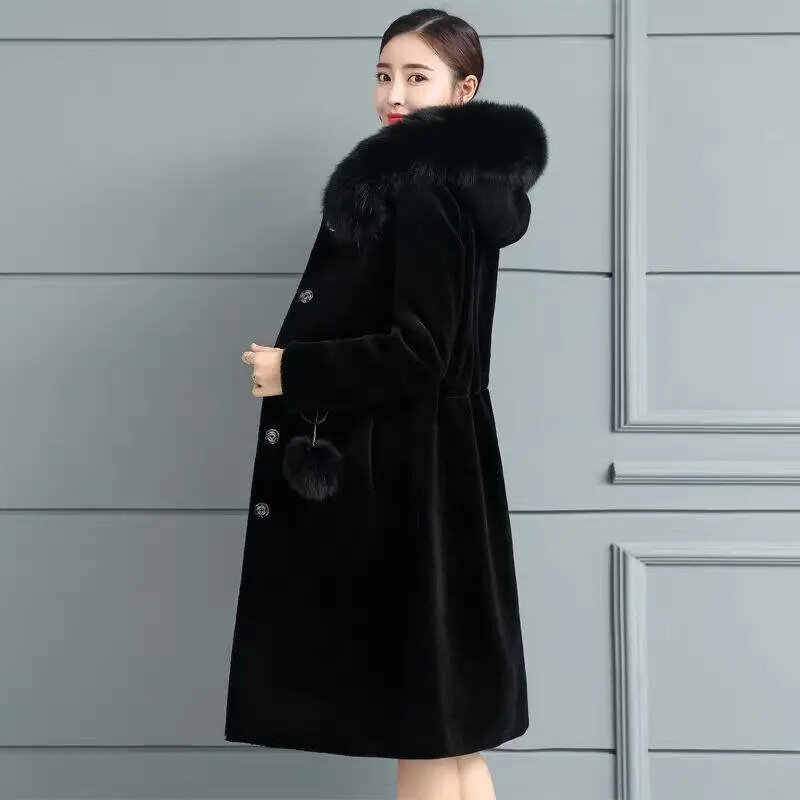Mulheres de comprimento médio do falso vison velo casaco com capuz, meia idade feminina, grande, espessado, outono, inverno, novo