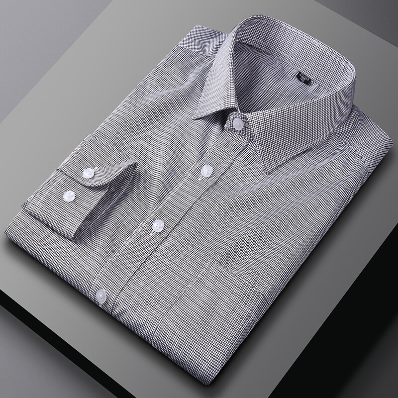 Camisas elásticas de manga comprida masculina, camisa lisa, xadrez, bolso único, roupas de escritório, slim fit, moda, houndstooth