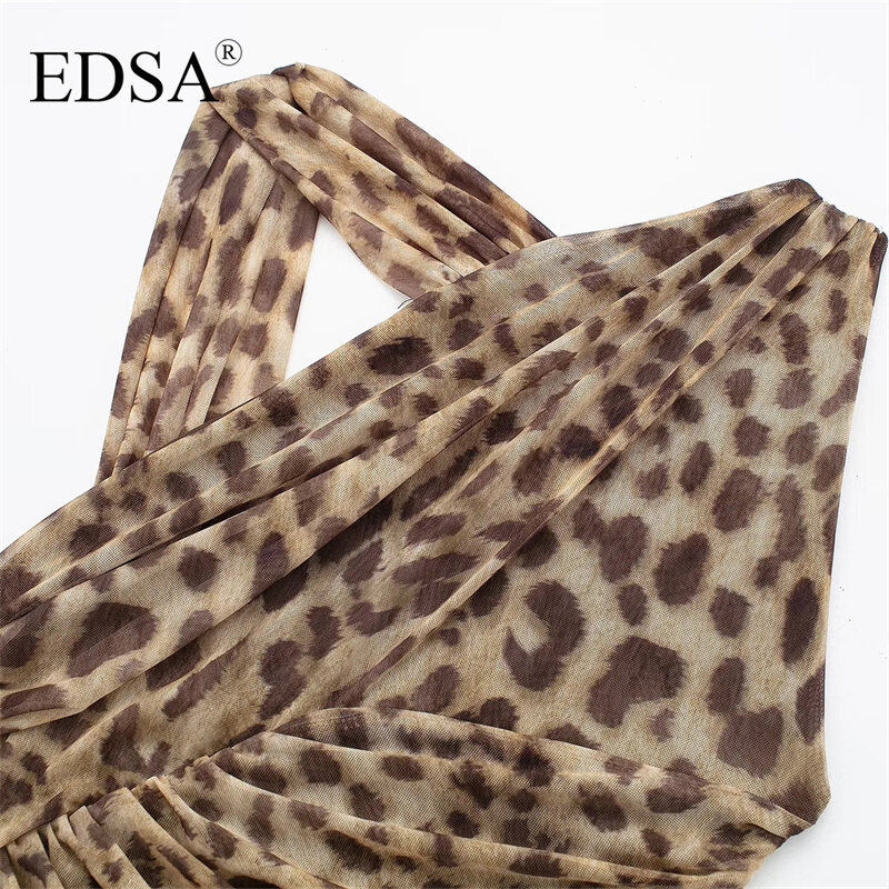 EDSA Women Elegant Leopard Tulle Bodysuit 2024 Summer Hollow Out Irregular Straps Sexy Ruched Sleeveless Bodycon Playsuits