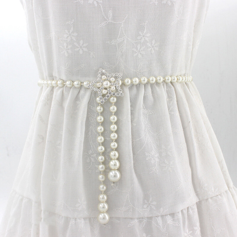 Cinturón de cadena de perlas de imitación para mujer, Kpop Ins, Bowknot brillante, vestido, abrigo, cadena de cintura, decoración femenina