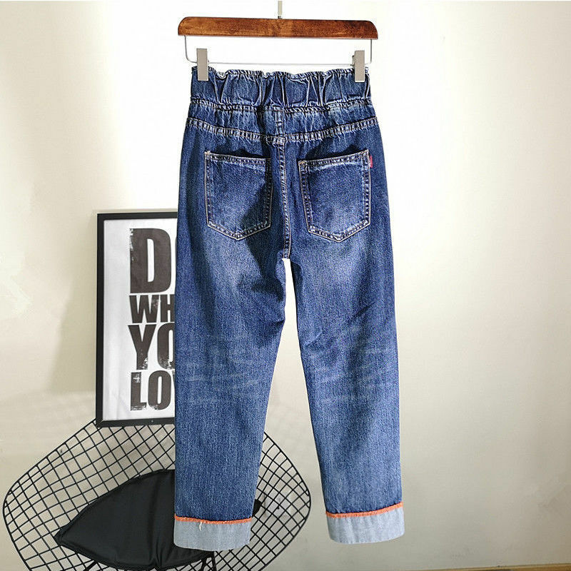 Elástico de cintura alta calças largas calças jeans rasgadas buraco luz lavagem denim perna larga 2022 verão moda punhos streetwear