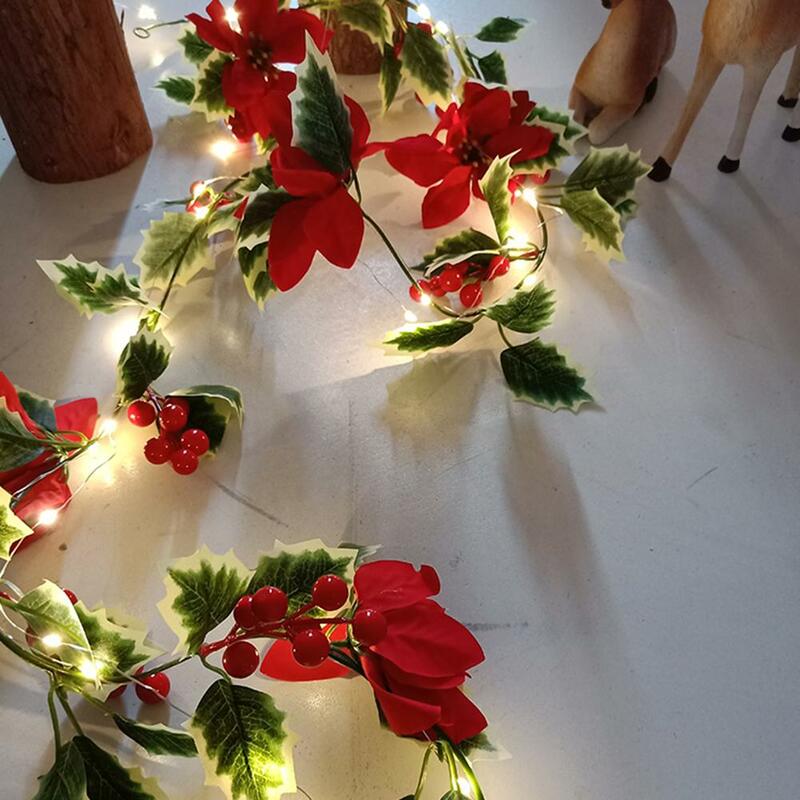 Dekorasi Natal, karangan bunga Poinsettia buatan dengan berry merah rotan