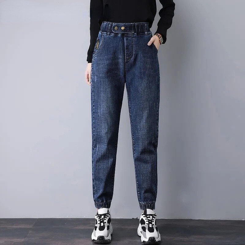 Celana Joger wanita Korea, Jeans lurus pinggang tinggi, celana panjang pergelangan kaki, celana Denim longgar kasual Musim Semi dan Gugur