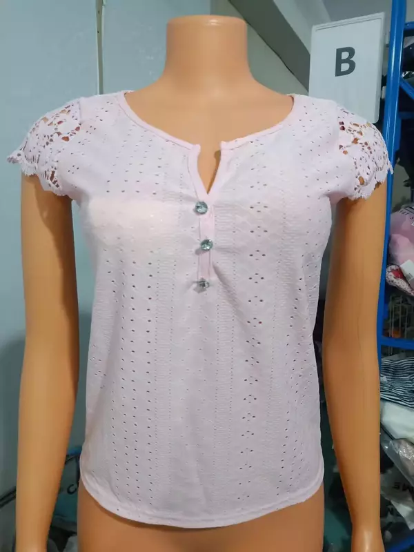 Женская футболка с кружевной вышивкой, повседневная Простая белая футболка с V-образным вырезом и коротким рукавом, Y2K, лето 2024