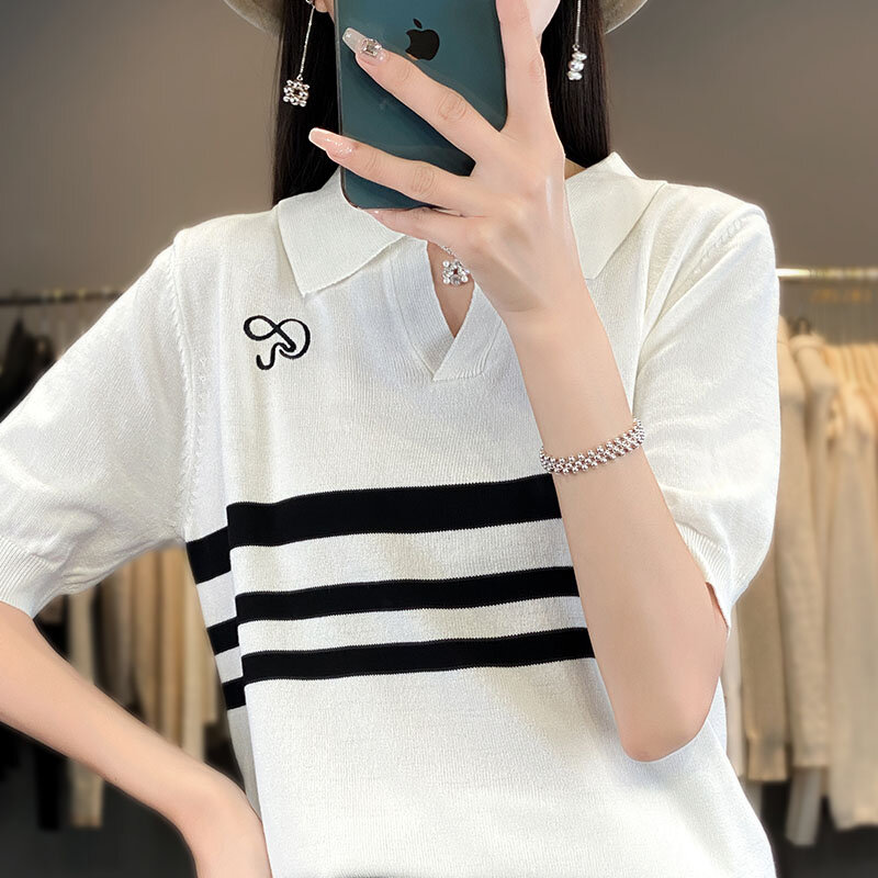 Camiseta de punto para mujer, jersey con cuello tipo POLO, bordado colorido, estilo suelto, Media manga, novedad de verano