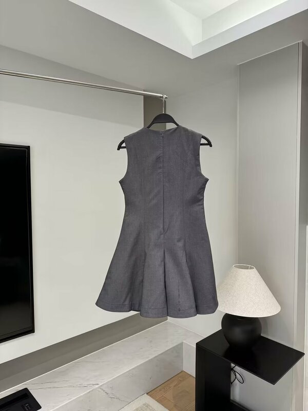 Women's New Fashion Wide hem Design Slim Fit Wool Blended O Neck Mini Dress Vintage Sleeveless Back Zipper Women's Dress Mujer