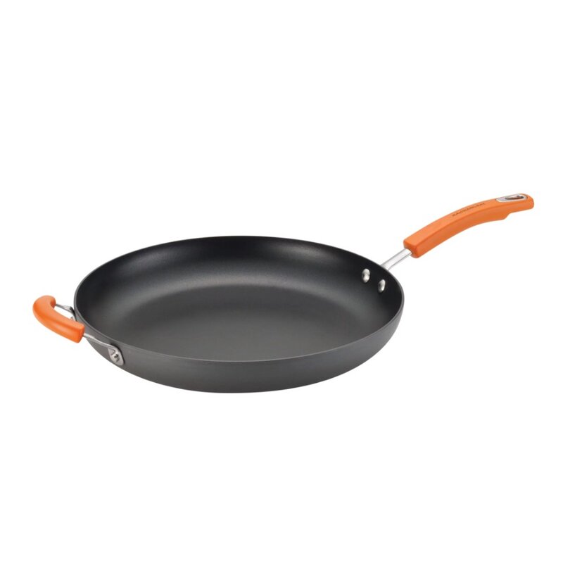 14" Hard-Anodized Non-Stick Frying Pan/Fry Pan/Skillet with Helper Handle, Grey with Orange Handle