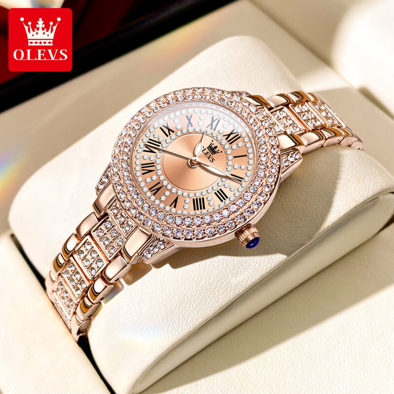 OLEVS 2024 nuovo orologio da donna in oro rosa orologi da donna bracciale da donna in acciaio creativo con diamanti pieni orologi da donna Relogio Feminino