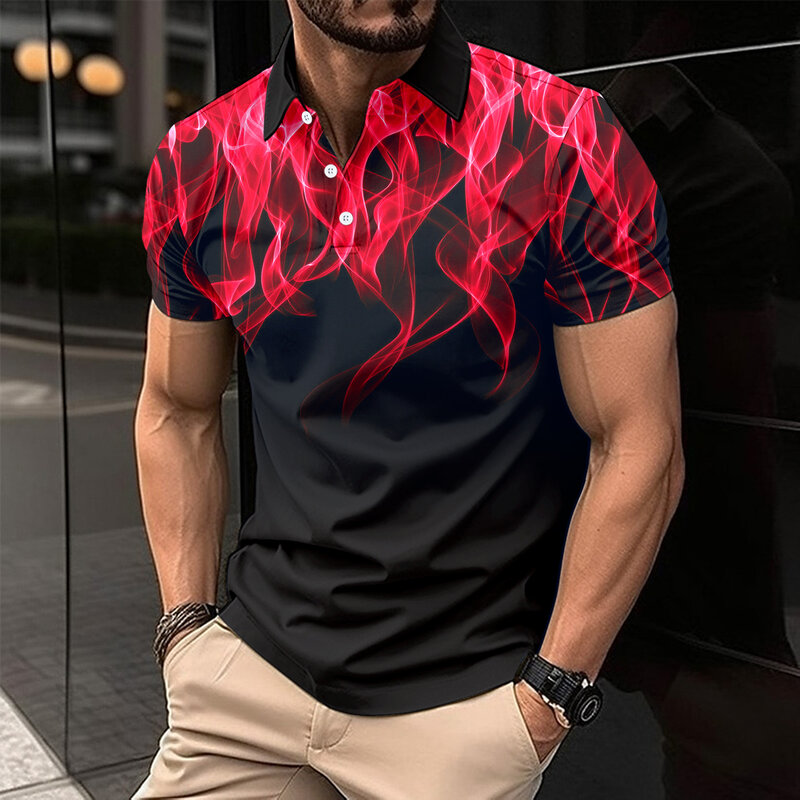 Camiseta de lapela 3D estampada em chama masculina, tops de manga curta, camiseta casual diária, roupas de animais, verão