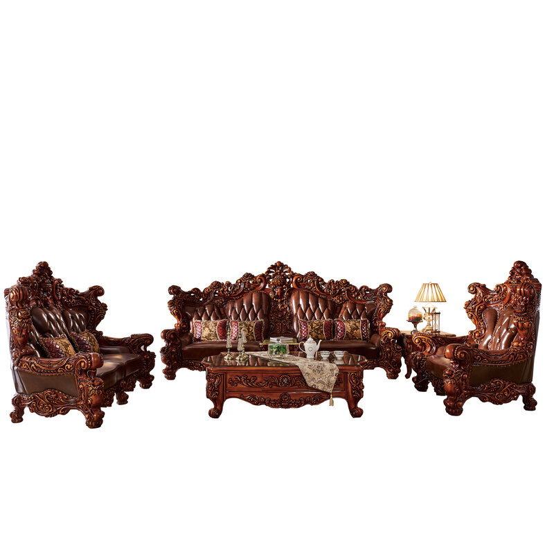 Властный Европейский комплект диванов ручной работы из массива дерева в роскошном стиле из натуральной кожи 1 + 2 + 4