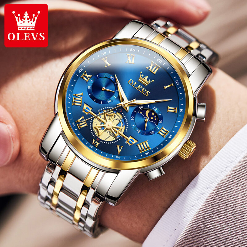OLEVS Fashion Men Watch impermeabile Moon Phase orologio al quarzo luminoso cinturino in acciaio inossidabile Trend orologio da polso maschile marchio originale