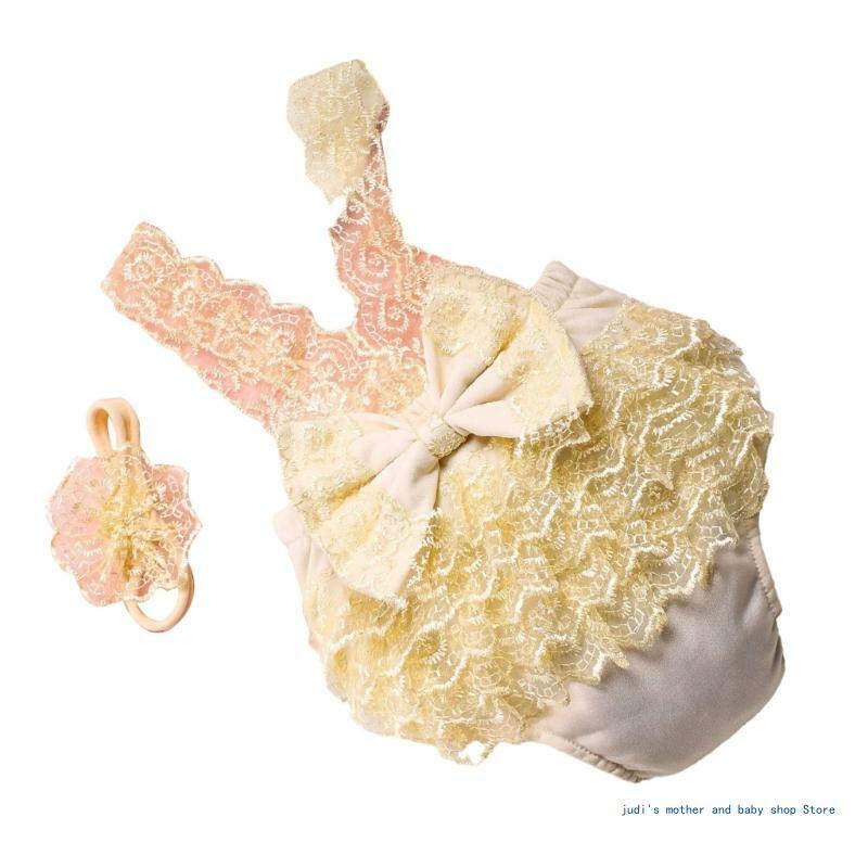 67JC Pakaian Fotografi Bayi Ikat Kepala Bunga Gaun Jumpsuit Renda Alat Peraga Fotostudio Kostum Foto Bayi Hadiah Mandi Bayi Baru