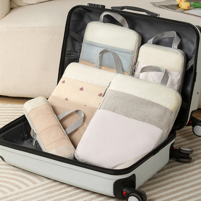 Cubes d'emballage compressés pour voyage, ensemble de rangement, bagage visuel en maille, sac de valise léger portable, 5 pièces
