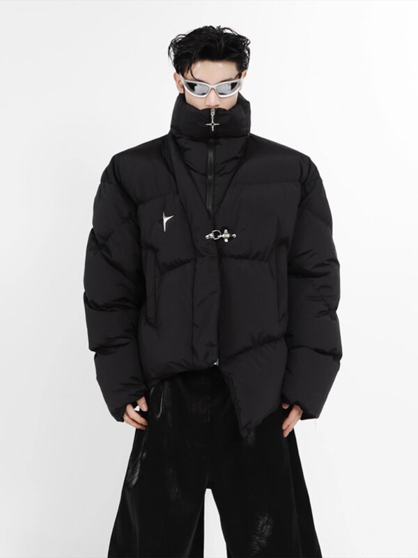 Укороченный пуховик ReddaChic Y2kEmo для мужчин, асимметричное Стеганое пальто с высоким воротником, плотная теплая пуховая куртка с металлическими пуговицами, уличная одежда, черный
