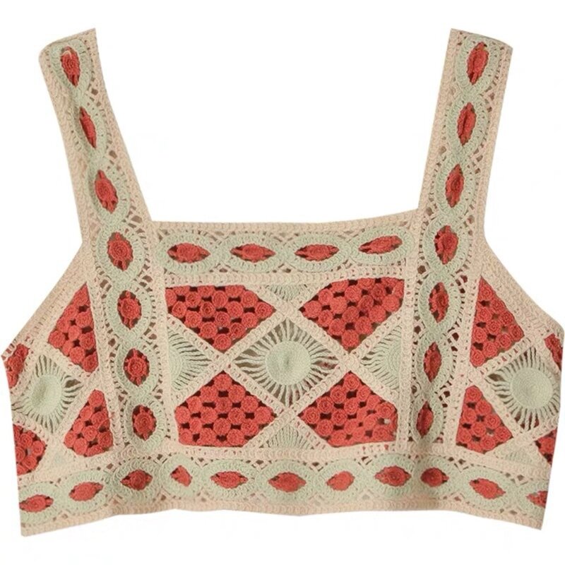 Women Boho Knit Crop for Tank Top Hollow Out Crochet Geometric Beach Camisole Ve N7YD
