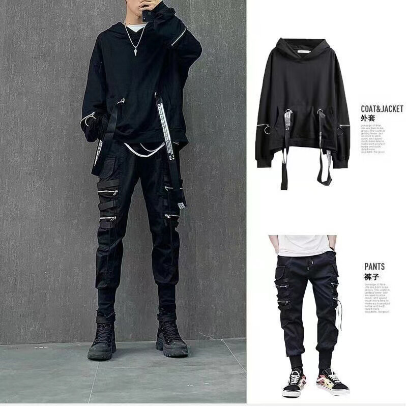 Set Pria Hoodie Hitam + Celana Punk Grafis Ritsleting Bertudung Kaus Celana Kargo Pria Longgar Pakaian Streetwear