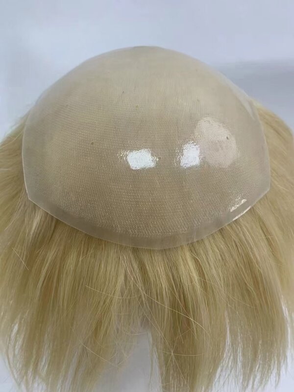Topper en PU blond européen pour hommes, nœuds simples, base en silicone, injection de toupet, dessus du cuir chevelu, sur mesure, n'importe quelle taille, ennuyeux, #613