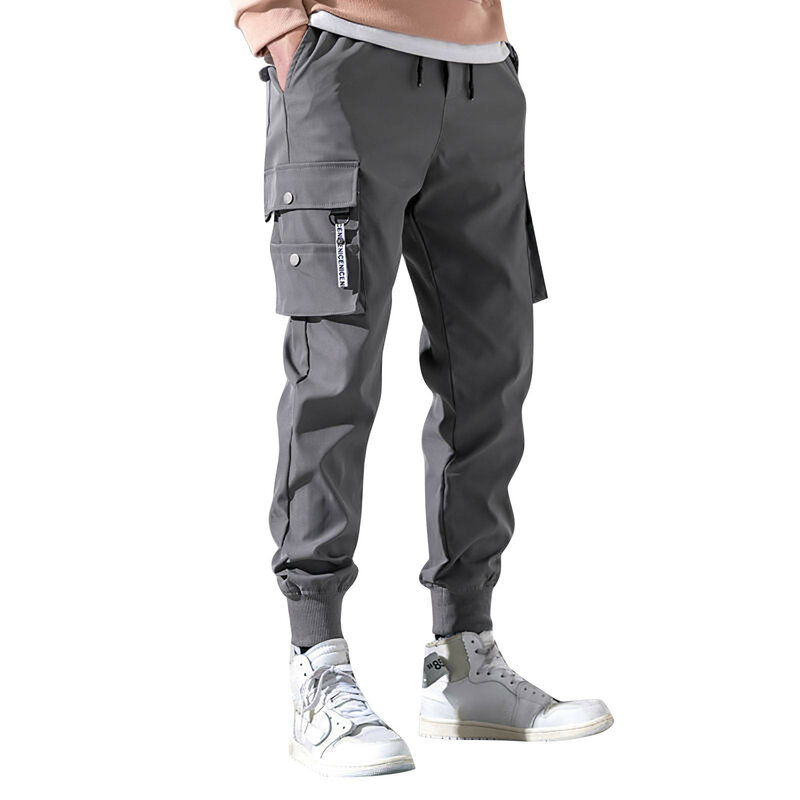 2024 New Joggers Cargo Pants For Men Casual Hip Hop Hit Color Pocket Male Trousers Sweatpants Streetwear Ribbons Techwear Pants