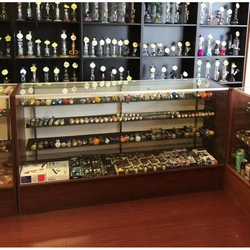 Custom, wooden tempered glass retail shop display shop display furniture LED light sliding smoke shop showcase counter