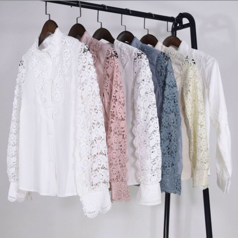Женская кружевная блузка составного кроя, белая ажурная блузка с длинным рукавом и круглым вырезом, сетчатые топы, элегантные рубашки на пуговицах, весна-осень 2024
