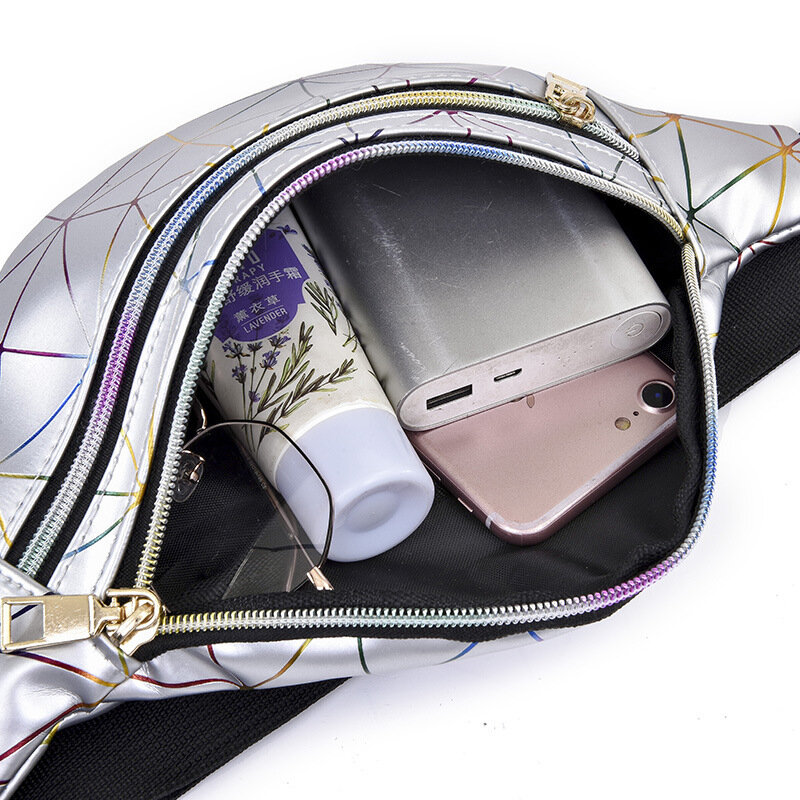 Street Outdoor Fashion Ladies Diamond Waist PU Laser Single Shoulder Crossbody Bag Tote Chest Bag