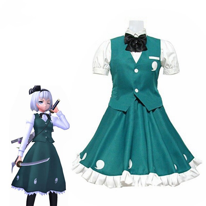 Touhou Project Youmu Konpaku Cosplay Costume pour femme, jeu d'anime, perruque parfaite sans fleur, uniforme JK vert, kawaii, carnaval trempé