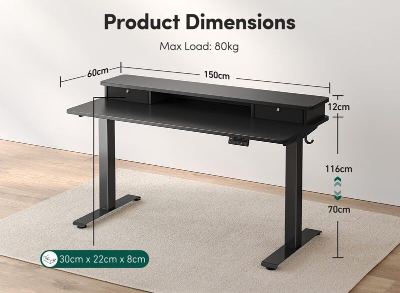 Altura ajustável Elétrica Standing Desk, gaveta dupla, cremalheira de armazenamento, mesa invisível preta, 60x24 polegadas