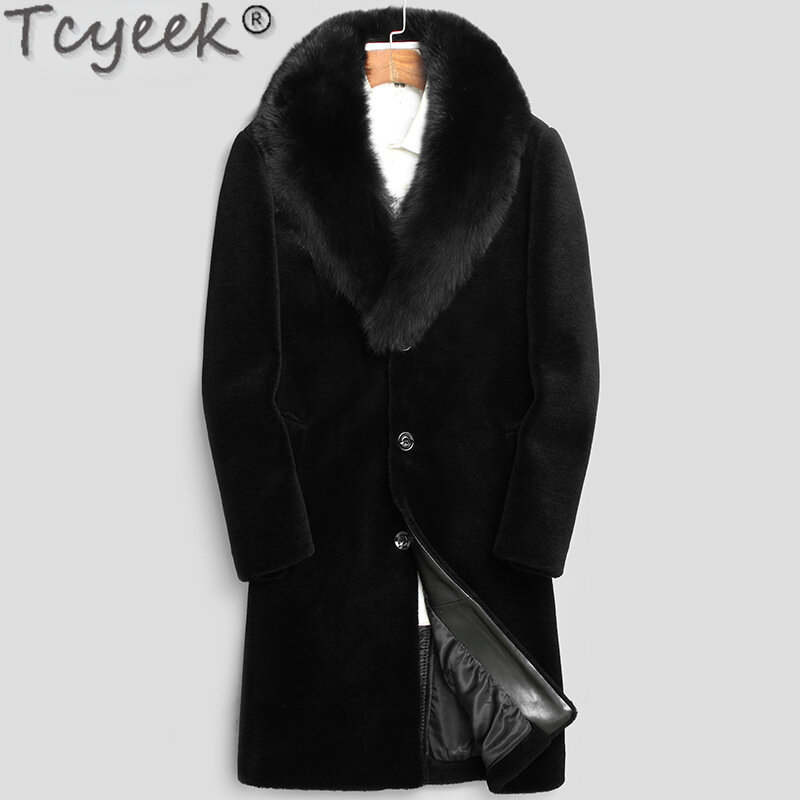 Tcyeek-abrigos cálidos de lana para Hombre, abrigo de oveja de alta calidad, cuello de piel de zorro, Chaquetas largas de moda, ropa de invierno