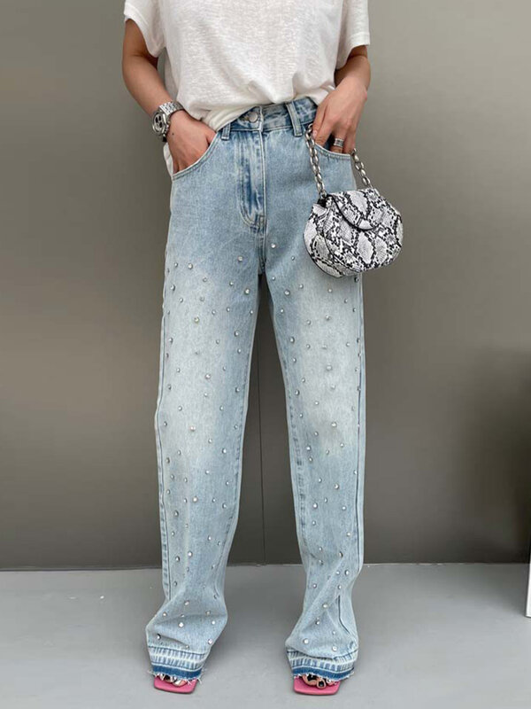 TWOTWINSTYLE Jeans Flare Bordir Perca untuk Wanita Celana Pensil Ramping Kancing Sambungan Pinggang Tinggi Pakaian Fashion Wanita