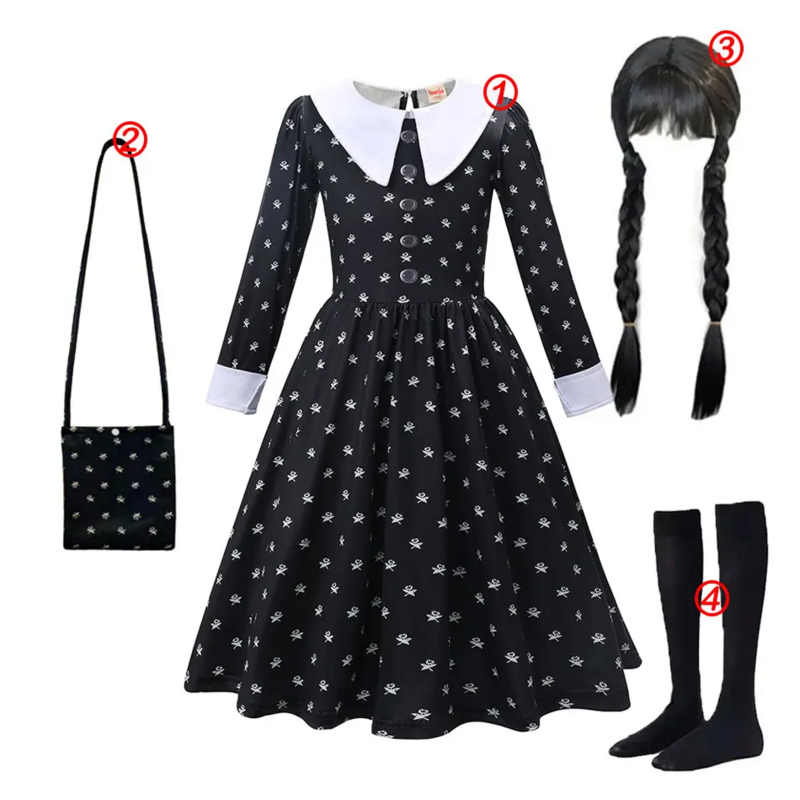 Kids Evening Party Clothes Wednesday Girl Costume for Carnival Halloween Black Events Cosplay Dress Fashion Gothic Vestido 3-12T