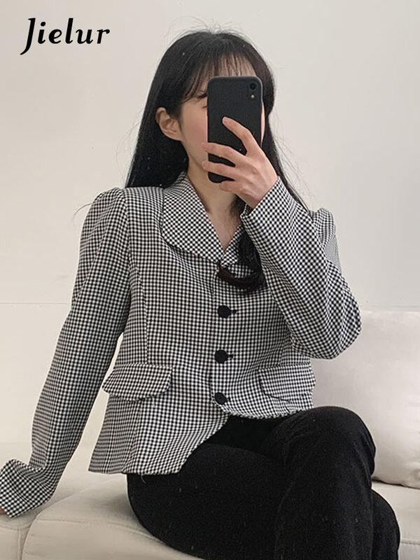 Jielur-Jaqueta feminina justa xadrez de manga comprida, blusa solta casual, preta e cáqui, moda de rua, novo, primavera