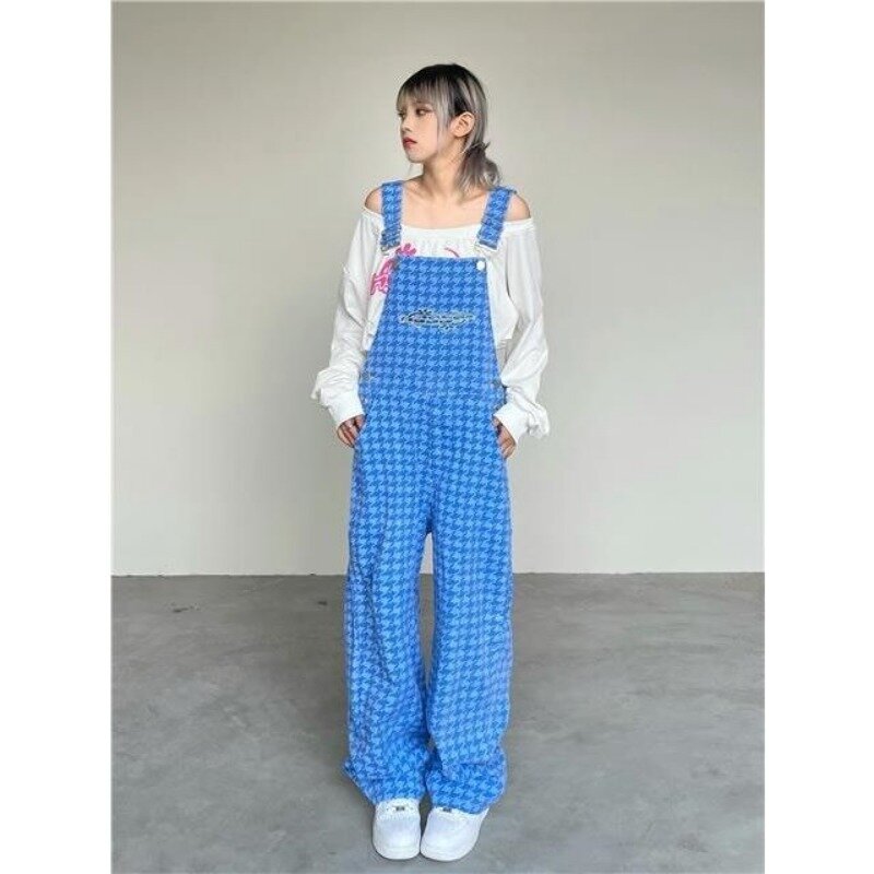 Korean version of overalls female embroidery plaid spring and summer new loose retro trousers student jumpsuit casual pants