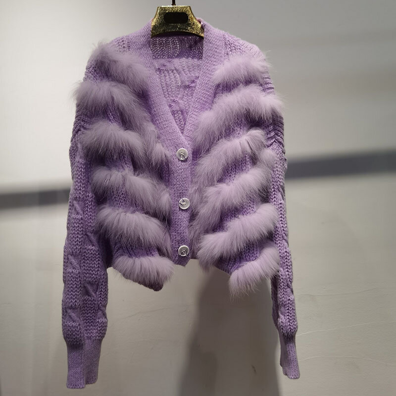 女性のためのキツネの毛皮のジャケット,ニット,長袖,ボタン付き,ファッショナブル