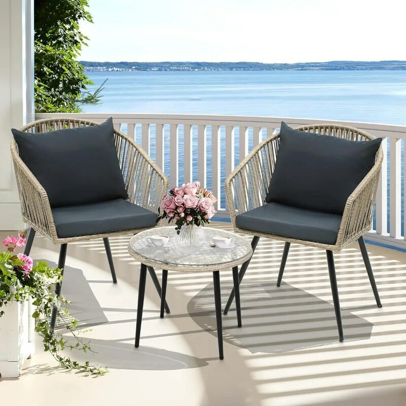 3-częściowy meble ogrodowe zestaw do Bistro wiklinowy, rattanowe krzesła konwersacyjne na każdą pogodę na podwórko, balkon i taras