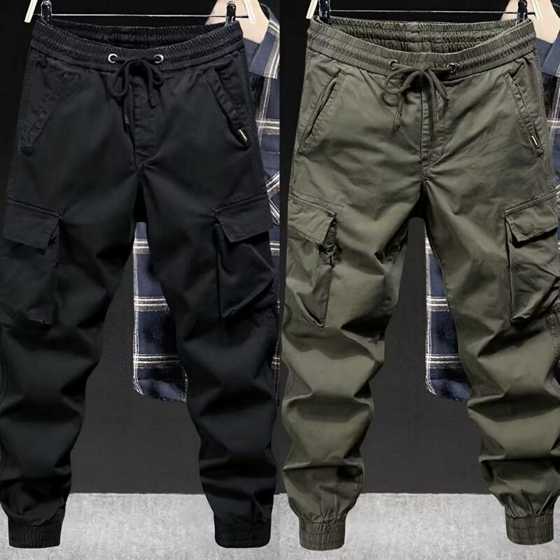Fashion Solid Color Work Casual Multiple Pockets Men's Cargo Pants Classic Waist Drawcord  Youth Tide Male Trousers