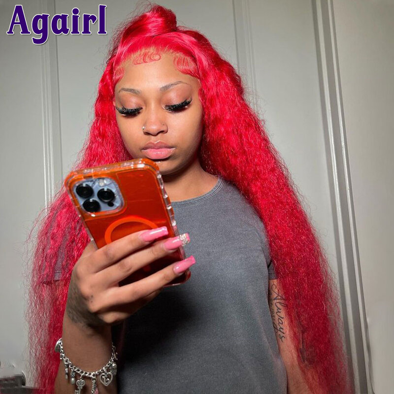 Wig rambut manusia depan renda gelombang air 180% warna merah wig keriting Frontal untuk wanita