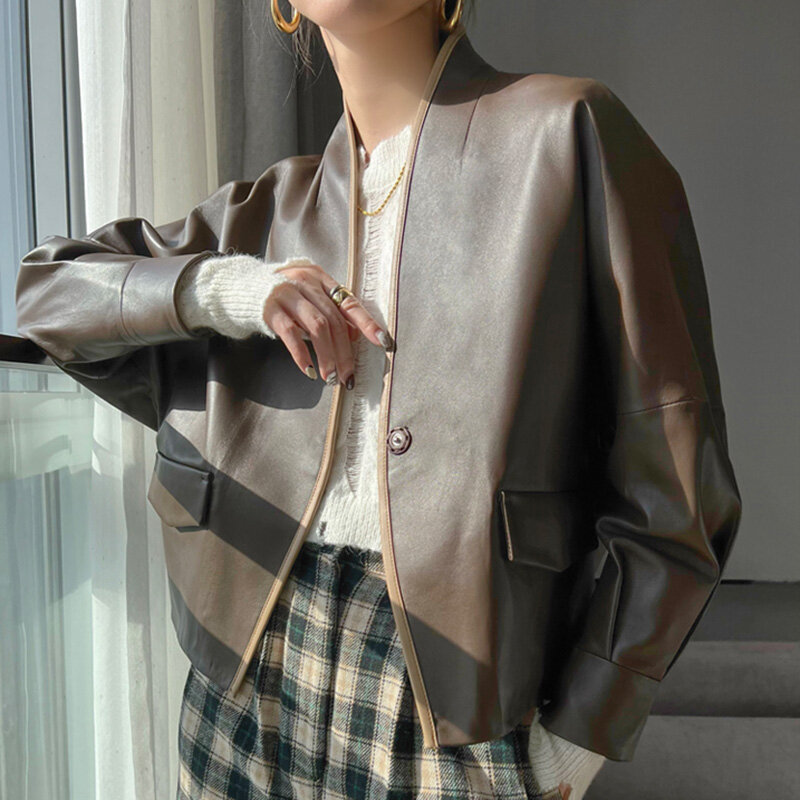 Jaquetas de couro genuíno feminino com decote em v sólido à prova de vento curto casacos moda streetwear elegante 2022 novo outono inverno ael4935