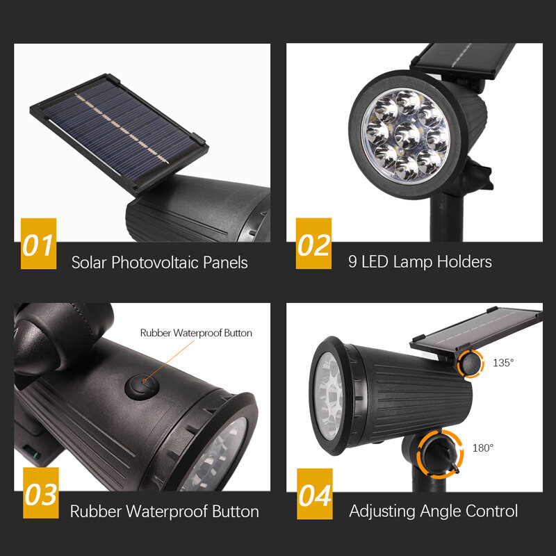 9 LEDs Solar Spotlights,Outdoor IP65 Waterproof,Spot Lights,Brightness Adjustable for Garden Backyard Driveway Patio Law Decor